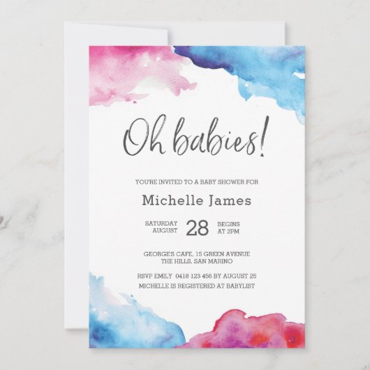 Invitation Baby shower jumeau | Bleu et rose (Devant)