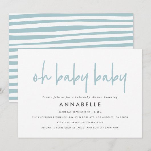 Invitation Baby shower jumeau bleu moderne typographie simple (Devant / Derrière)