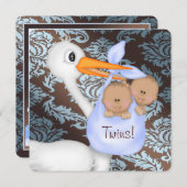 Invitation Baby shower jumeau Brown et Bébé bleu Damas (Devant / Derrière)