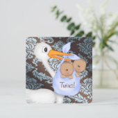 Invitation Baby shower jumeau Brown et Bébé bleu Damas (Debout devant)