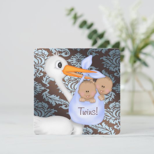 Invitation Baby shower jumeau Brown et Bébé bleu Damas (Debout devant)