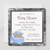 Invitation Baby shower jumeau Brown et Bébé bleu Damas (Dos)