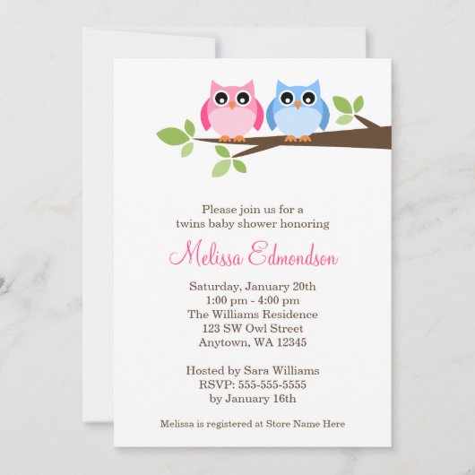 Invitation Baby shower jumeau de branche d'arbre de hiboux de (Devant)