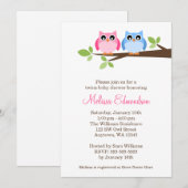 Invitation Baby shower jumeau de branche d'arbre de hiboux de (Devant / Derrière)