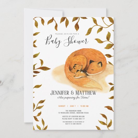 Invitation baby shower jumeau de renard boisé d'automne (Devant)
