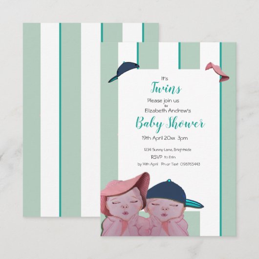 Invitation Baby shower jumeau en bande verte (Devant / Derrière)
