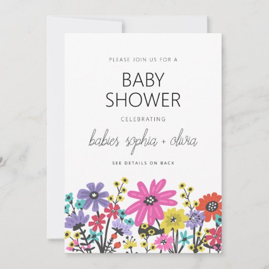 Invitation Baby shower jumeau Fleur sauvage Boho moderne (Devant)