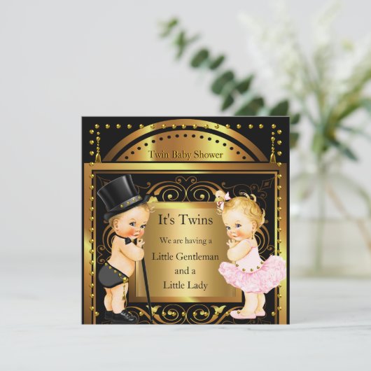 Invitation Baby shower jumeau garçon et fille Gold Blonde (Debout devant)