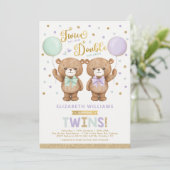 Invitation Baby shower jumeau pourpre Mint Teddy Bear Balloon (Debout devant)