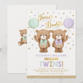 Invitation Baby shower jumeau pourpre Mint Teddy Bear Balloon (Devant / Derrière)