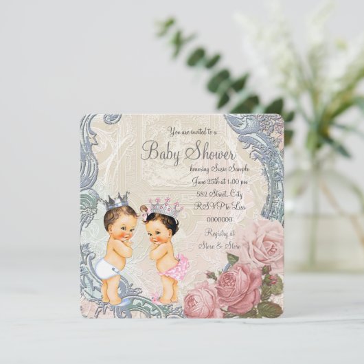 Invitation Baby shower jumeau Prince et Princesse (Debout devant)