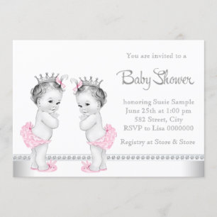 Invitation Baby shower jumeau rose et argenté élégant de