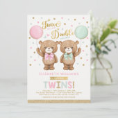 Invitation Baby shower jumeau rose vert Teddy Bear (Debout devant)