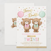 Invitation Baby shower jumeau rose vert Teddy Bear (Devant / Derrière)