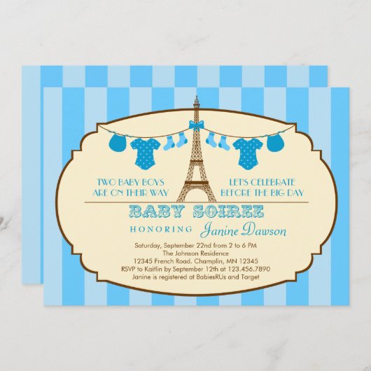Invitation Baby shower jumeau Tour Eiffel (Devant / Derrière)