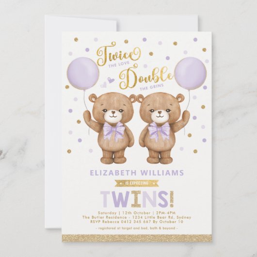 Invitation Baby shower jumeau violet or Teddy Bear Balloon (Devant)