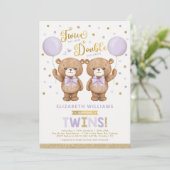 Invitation Baby shower jumeau violet or Teddy Bear Balloon (Debout devant)