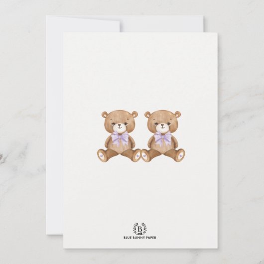 Invitation Baby shower jumeau violet or Teddy Bear Balloon (Dos)