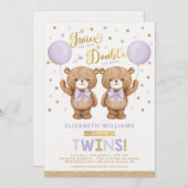 Invitation Baby shower jumeau violet or Teddy Bear Balloon (Devant / Derrière)