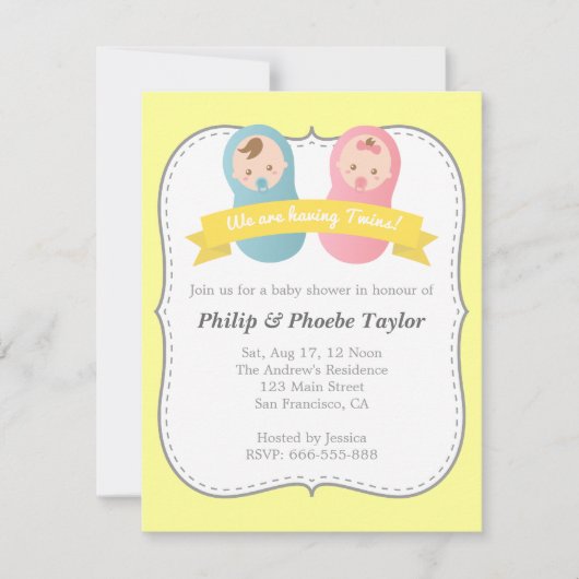 Invitation Baby shower jumeaux - Bébé mignon garçon et fille (Devant)