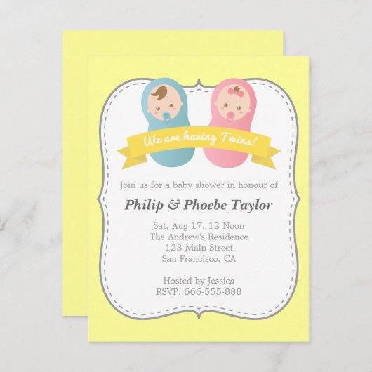 Invitation Baby shower jumeaux - Bébé mignon garçon et fille (Devant / Derrière)