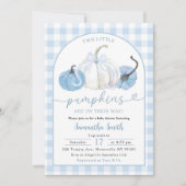 Invitation Baby shower Jumeaux Jumeaux Citrouille Plaid Bleu (Devant)