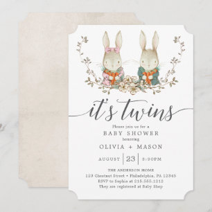 Invitation Baby Shower Jumeaux Lapin Vintage Botanique