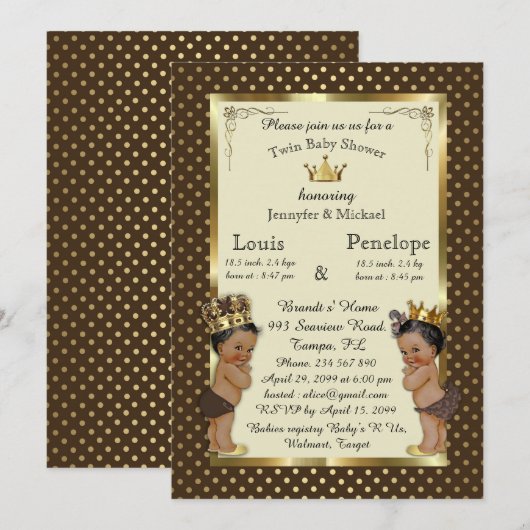 Invitation Baby shower jumeaux, marron, très tendance (Devant / Derrière)