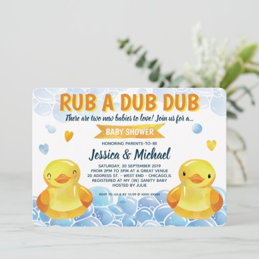 Invitation Baby shower Jumeaux neutres en caoutchouc (Debout devant)