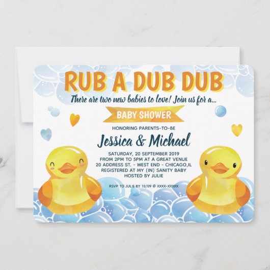 Invitation Baby shower Jumeaux neutres en caoutchouc (Devant)