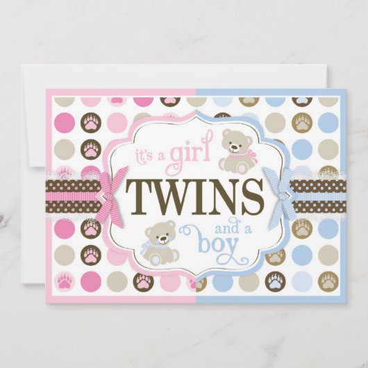 Invitation Baby shower jumeaux Nounours bleu et rose (Devant)