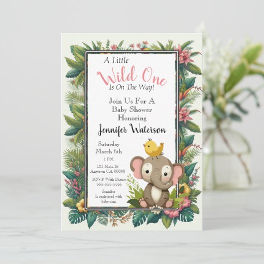 Invitation Baby shower Jungle Floral Frame Elephant (Debout devant)