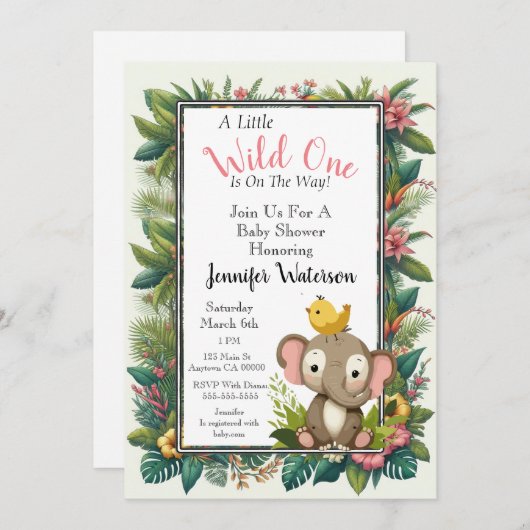 Invitation Baby shower Jungle Floral Frame Elephant (Devant / Derrière)