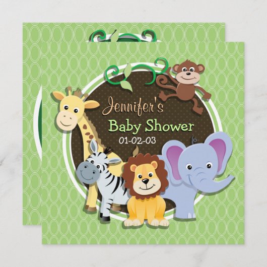 Invitation Baby shower Jungle mignon ; Ovales verts (Devant / Derrière)