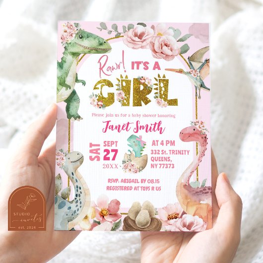 Invitation Baby shower Jurassique Rose Dinosaur