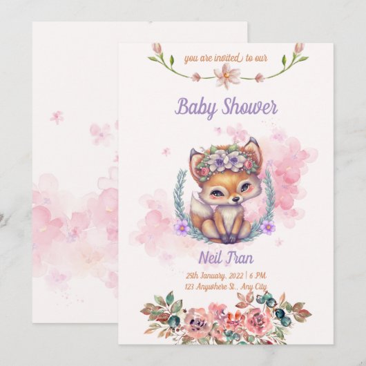 Invitation Baby shower Kawaii Baby Fox (Devant / Derrière)