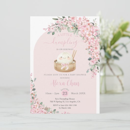 Invitation Baby shower Kawaii Little Dumpling Cherry Blossoms (Debout devant)