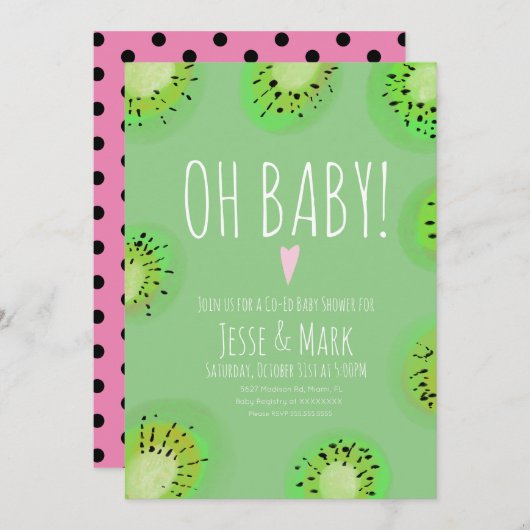 Invitation Baby shower Kiwi moderne Aquarelle Polis Points Ro (Devant / Derrière)