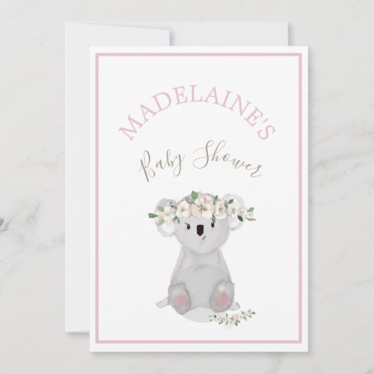 Invitation Baby shower Koala Floral rose (Devant)
