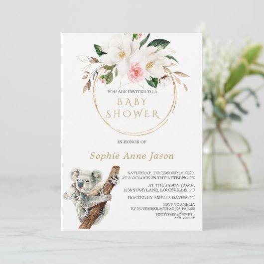 Invitation Baby shower Koala Magnolia Gold Cute (Debout devant)