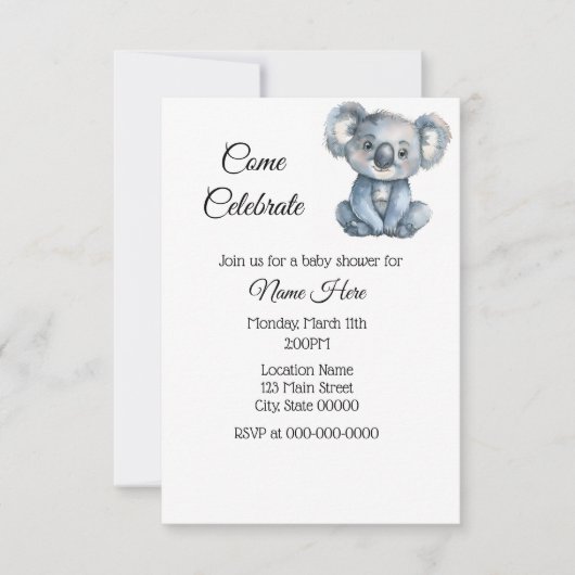 Invitation Baby shower Koala simple aquarelle (Devant)