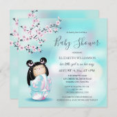 Invitation Baby shower Kokeshi Doll Cherry Blossoms (Devant / Derrière)