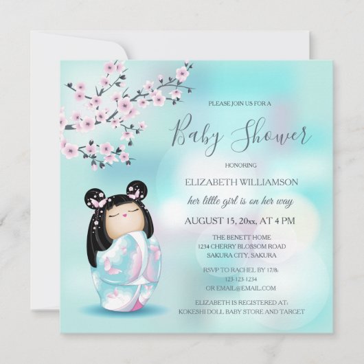 Invitation Baby shower Kokeshi Doll Cherry Blossoms (Devant)