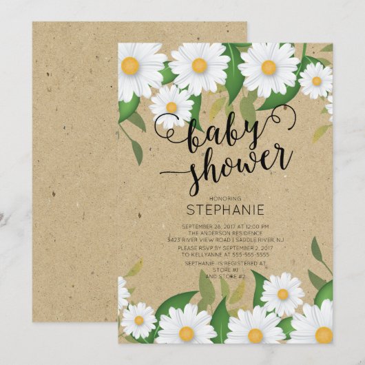 Invitation Baby shower Kraft Daisy Flowers (Devant / Derrière)