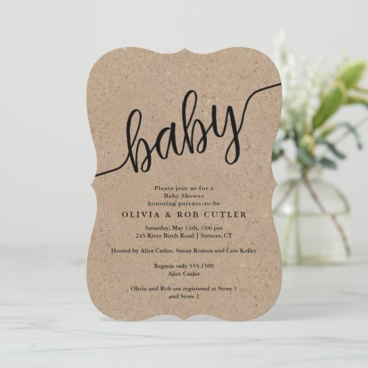 Invitation Baby shower Kraft rustique Script (Debout devant)