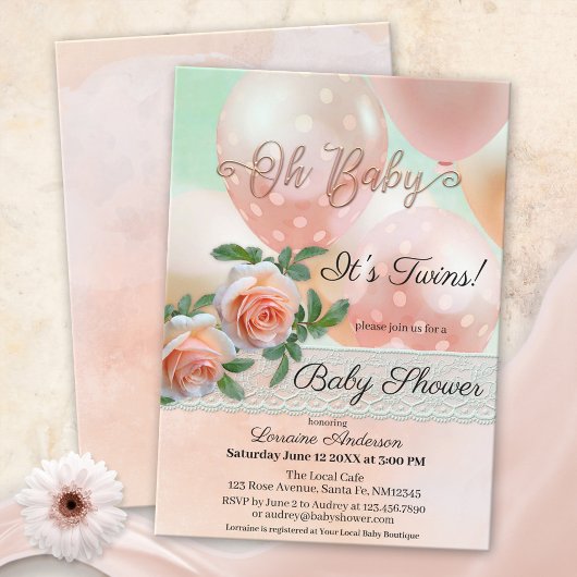 Invitation Baby shower Lace Twins Peach Balloons