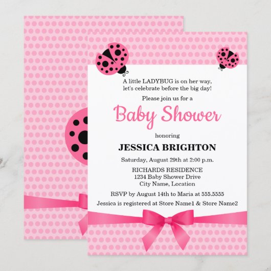 Invitation Baby shower Ladybug rose mignon (Devant / Derrière)