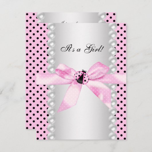 Invitation Baby shower Ladybug rose mignon (Devant / Derrière)