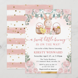 Invitation Baby Shower Lapin Aquarelle et Fleurs Roses