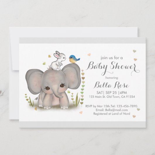 Invitation Baby shower lapin blanc éléphant gris (Devant)